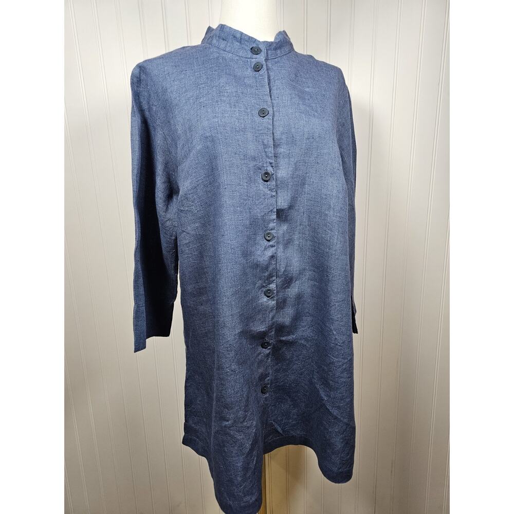 Flax Blue Linen Tunic Dress Women's Size M Button Up Lagenlook Minimalist